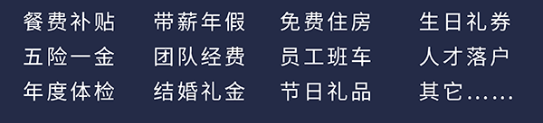 人生就是博员工福利：餐费补贴、五险一金、年度体检、带薪年假、团队经费、结婚礼金、免费住房、员工班车、节日礼品、生日礼券、人才落户、其它……
